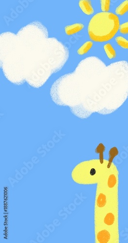 Cute giraffe illustration under blue sky with sun and clouds