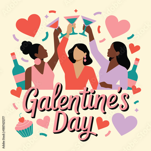 Three women celebrating Galentine's Day with drinks and cupcakes, celebrating friends day