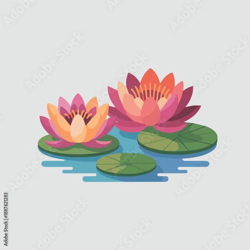 Isolated Colorful Lotus flowers on lake water icon in flat style on white background