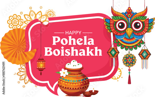 Happy Pohela Boishakh Bengali New Year banner with traditional folk owl mask colorful earthen pot and lanterns.