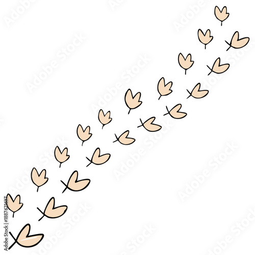 Hand drawn doodle of a dinosaur or bird footprint trail walking diagonally across the frame