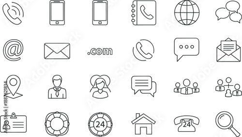 Black and White Communication and Contact Icons Featuring Phone, Email, Location, Support, Chat, and User Profiles