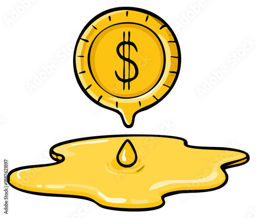 Cartoon style money coin melting into liquid gold puddle financial concept economy recession