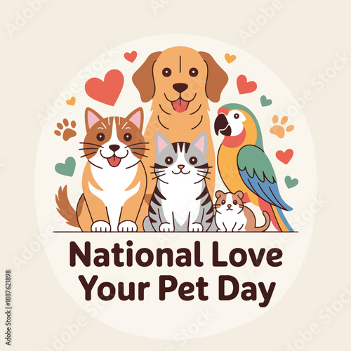Colorful cartoon pets celebrating national love your pet day with hearts and paw prints parrot