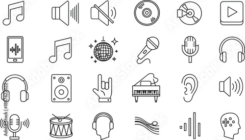 Black and White Music and Audio Icons Featuring Instruments, Sound Waves, Headphones, Microphones, Playback, and Listening Devices