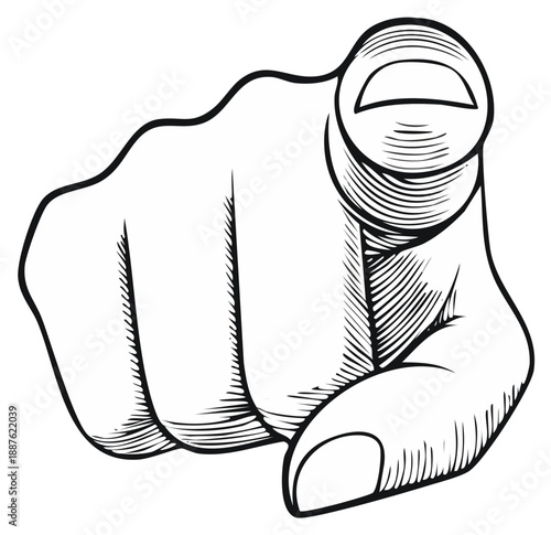 Pointing hand gesture illustration, forefinger directed towards viewer, vintage style drawing.