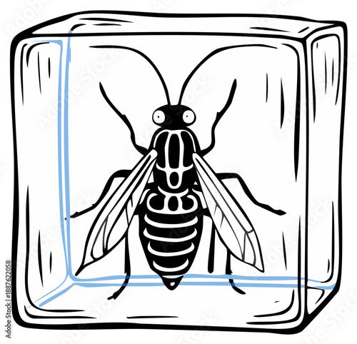 Wasp entombed in ice cube, illustration.