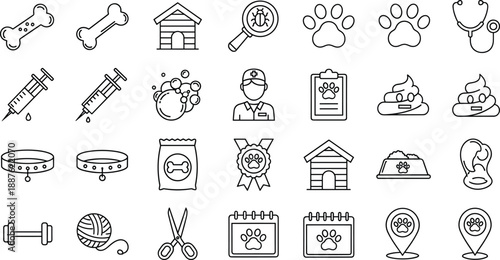 Black and White Pet Care Icons Featuring Veterinary Services, Grooming, Nutrition, Health Checks, Exercise, and Animal Companionship