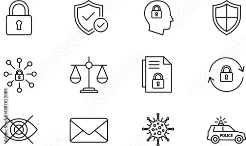 Black and White Security and Privacy Icons Featuring Protection, Law, Cybersecurity, Confidentiality, and Communication