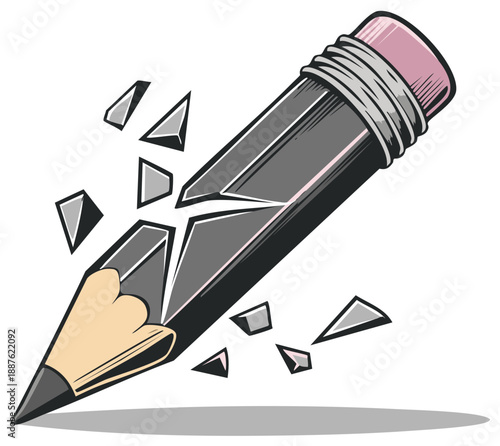 Broken lead pencil with eraser falling apart illustration expressing frustration and creative block for education