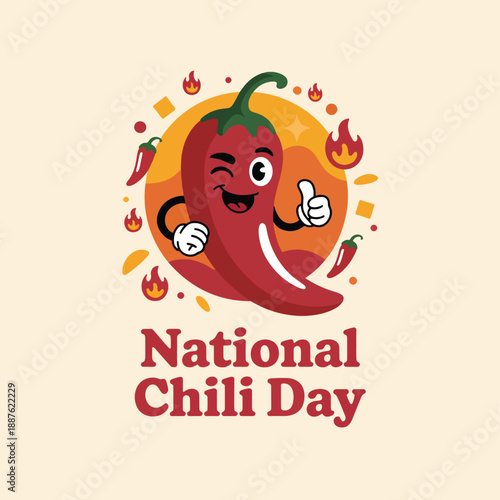 Animated red chili pepper with thumbs up and fire symbols celebrating National Chili Day celebration