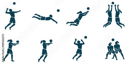 Set of 8 Female Volleyball Player Silhouettes Vector Icons