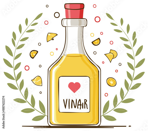 Illustration of a vinegar bottle with lemon slices and leaves on a white background