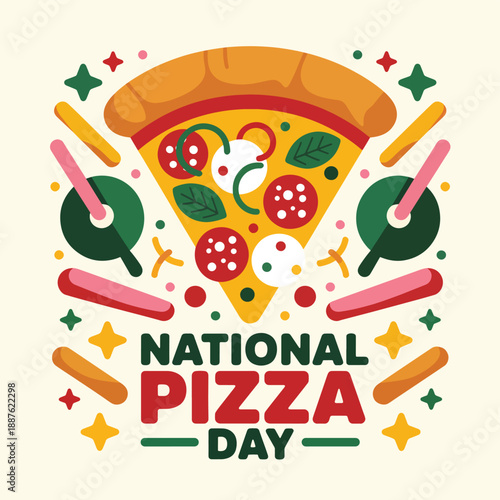 Colorful pizza slice with National Pizza Day text and festive food, vibrant design