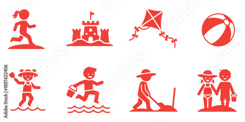Set of 8 Red Summer Beach Kids Activity Icons Vector