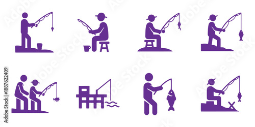 Set of 8 Purple Fishing People and Pier Vector Icons