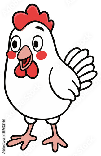 Cute cartoon white chicken with red comb and wattle smiling happily