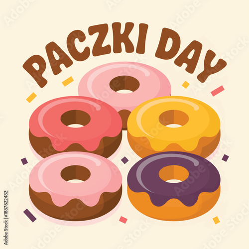 Colorful glazed donuts with paczki day text pink yellow