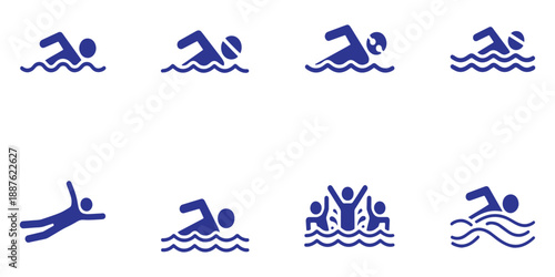 Set of 8 Blue Swimming People Icons Vector