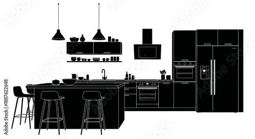 Modern Kitchen Silhouette with Island and Appliances.