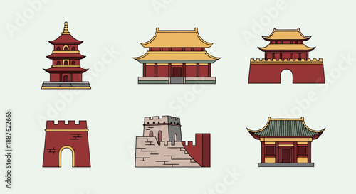 Collection of traditional chinese architectural icons featuring pagodas temples and great wall segments