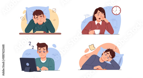 Set of exhausted characters experiencing fatigue from overwork stress and lack of sufficient sleep