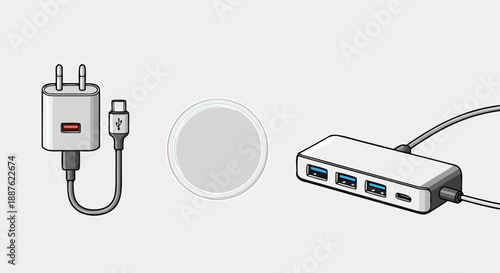 Essential collection of modern electronic accessories including a power adapter a charger and a hub