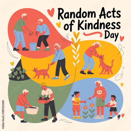 People performing random acts of kindness day with cats and plants on a colorful background, kindness day
