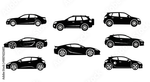 Collection of Black Car Silhouettes on White Background.