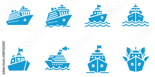 Set of 8 Blue Cruise Ship and Boat Icons Vector