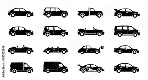 Collection of Diverse Vehicle Silhouettes on White Background.