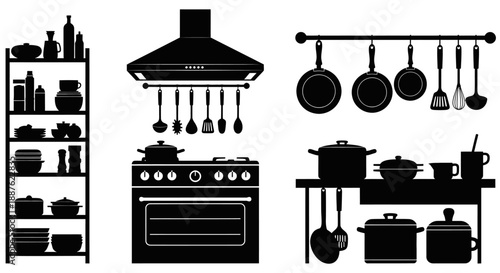 Kitchen appliances and utensils silhouette set.
