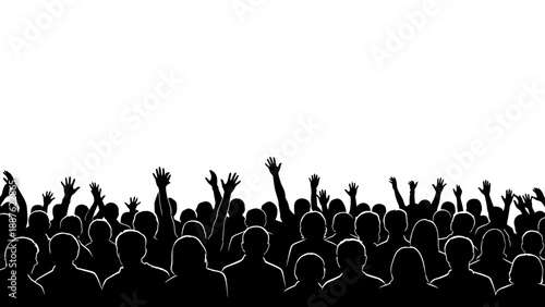 Silhouette Crowd Hands Raised White Background.
