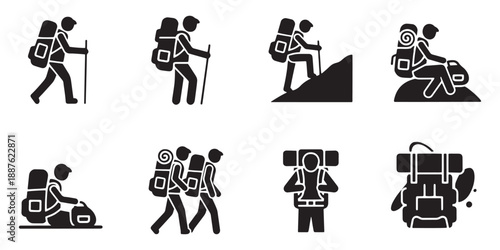 Set of 8 Hiking and Backpacking Black Glyph Icons Vector