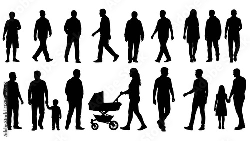 Diverse Group of People Silhouettes Standing and Walking.