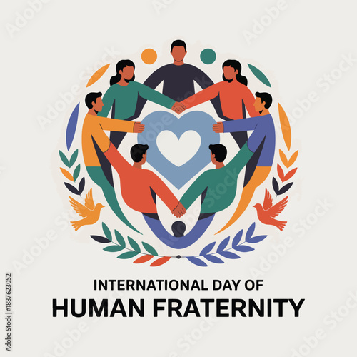 Colorful, diverse people holding hands around a heart symbolizing the International Day of Human Fraternity, colorful unity 