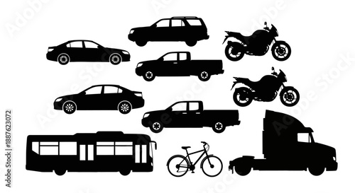 Collection of Silhouetted Vehicles Including Cars Trucks Motorcycles Bus Bicycle and Semi Truck.