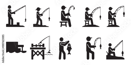 Set of 10 Black Fishing Pictogram Icons Vector