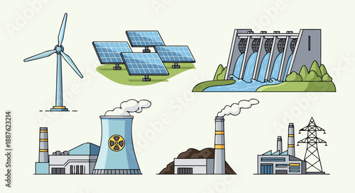 Illustration showcasing various types of energy production methods including renewable and non-renewable sources
