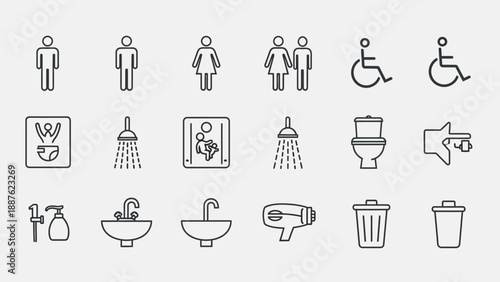 Collection of public restroom icons and symbols.
