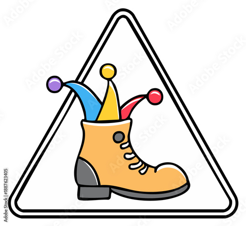 Cartoon jester hat boot warning sign illustration