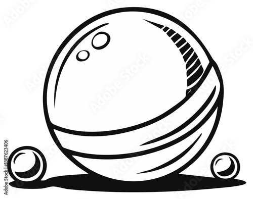 Stylized black and white vector illustration of a bowling ball and small spheres