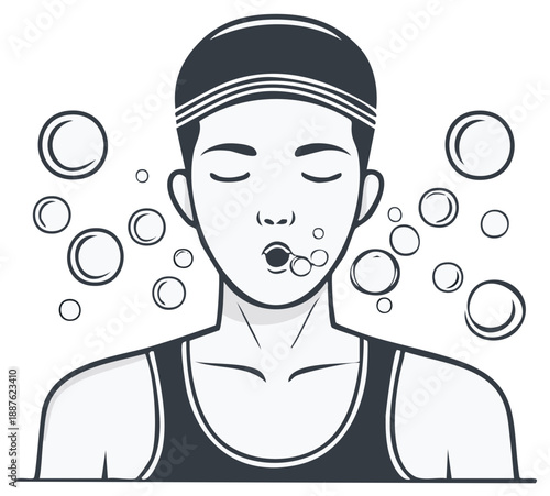 Swimmer Blowing Bubbles Exhaling Underwater Wearing Swim Cap and Goggles