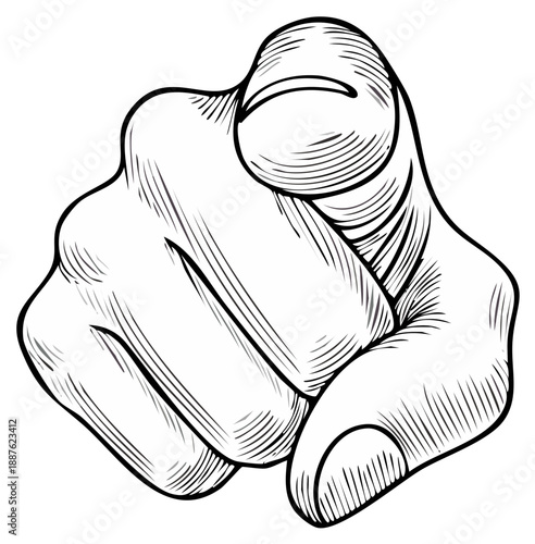 Retro illustration of a hand pointing directly forward, close-up with a determined gesture