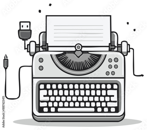 Retro typewriter connected to modern technology via USB