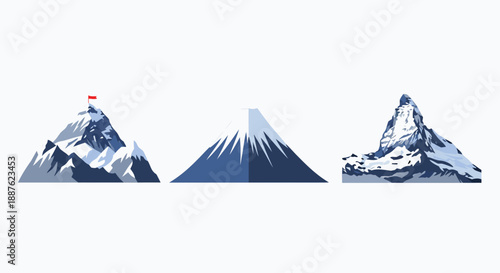 Three iconic mountain peaks representing achievement challenge success and extreme natural alpine landscapes