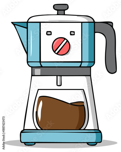 Retro stovetop espresso maker with steaming coffee in glass carafe