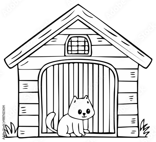 Cartoon kitten sitting in front of a wooden doghouse with a window above the doorway.