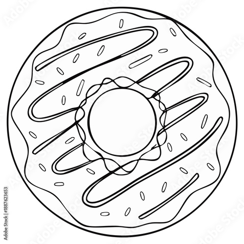 Outline drawing of a frosted doughnut with sprinkles and drizzled icing