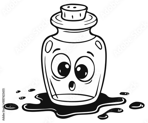 Surprised cartoon glass bottle with wide eyes and spilled liquid